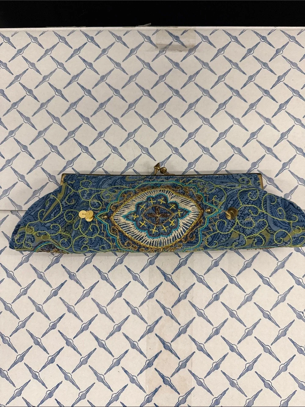 Hand-Embroidered Blue Evening Clutch with Gold Frame
